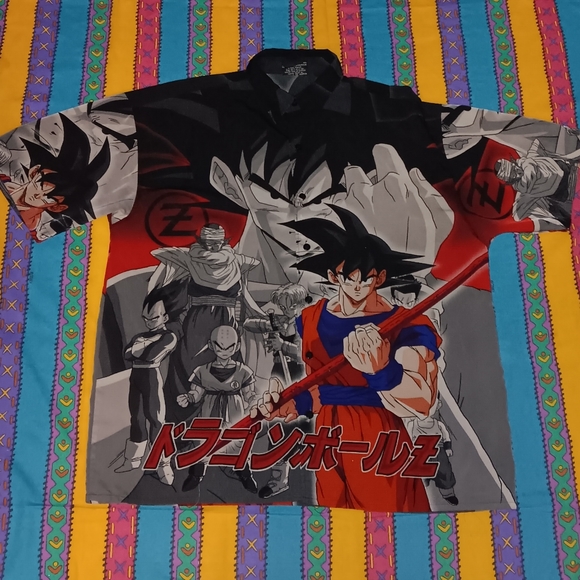 2001 Dragon Ball Z Goku GT Camp Button Up All Over Print Shirt Anime Manga - Picture 1 of 6